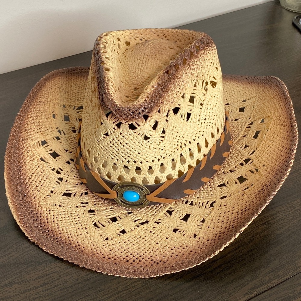 Simplicity Womens Straw Cowboy Hat OS Brown Ombre Western Cowgirl Festival Rodeo